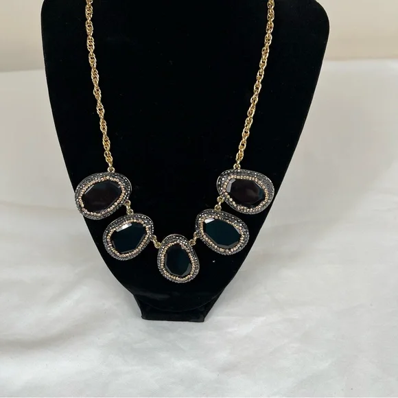Talbots Black stone gold necklace w/ black & rose gold crystal edging. Statement - Picture 2 of 6